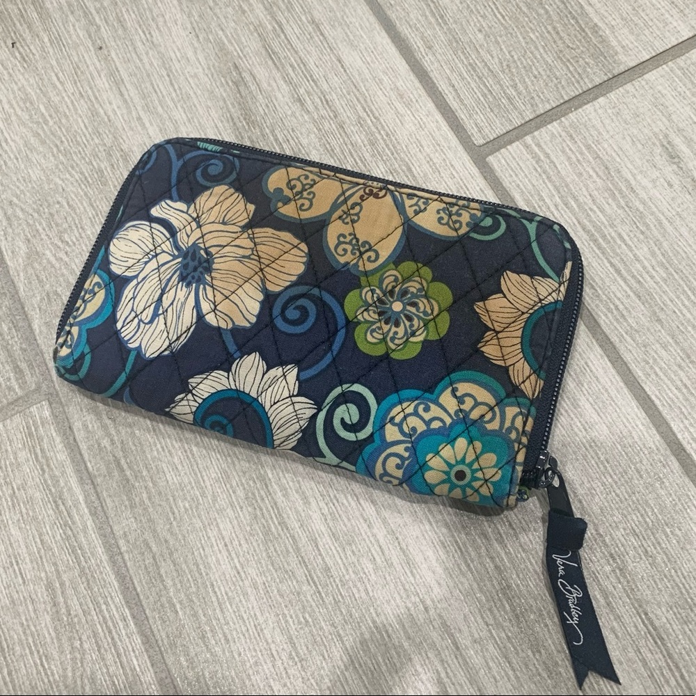 Vera Bradley Navy Floral Quilted Zip Wallet with Teal & Beige Accents